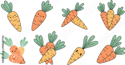 Cute cartoon carrot characters set with smiling vegetable illustrations, playful healthy food mascots colorful vector collection isolated on white background