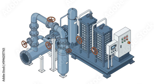 Industrial water treatment system with pipes and valves.