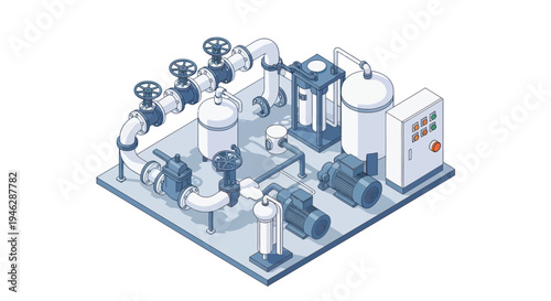 Industrial Water Treatment System with Pumps and Valves.