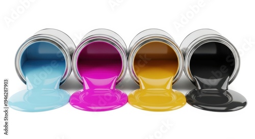 Colorful ink cans with vibrant liquid pouring out isolated on white background