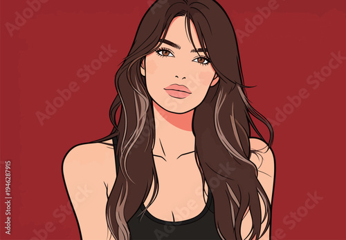 A woman with long hair looks forward while standing against a red background. The style is simple and focuses on her face.