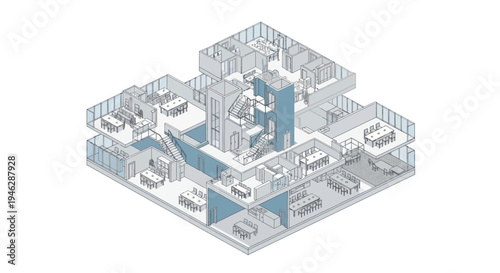 Isometric architectural visualization of a multi-story building interior with detailed room layouts.