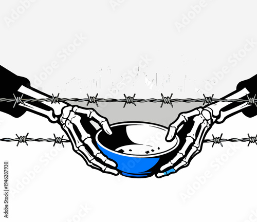 Conceptual Illustration of World Hunger and Poverty with Skeleton Hands Holding Empty Bowl Behind Barbed Wire.