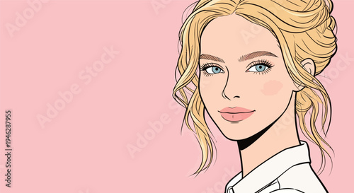 A young woman stands with a neutral expression. She has long blonde hair and blue eyes. The background is simple and pink.