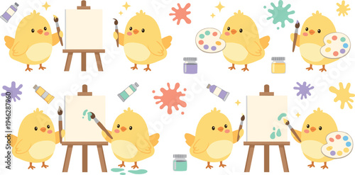 Cute cartoon chick painting on canvas with brush and palette adorable little artist chicken vector illustration set