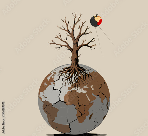 Conceptual Illustration of Global Warming and Environmental Destruction with a Dead Tree on Cracked Earth.