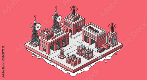 Isometric Cityscape with Modern Buildings and Communication Towers.