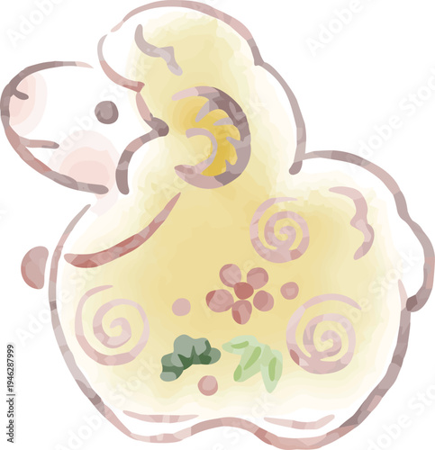 水彩タッチの未年の羊の土鈴イラスト。2027年年賀状素材、和風の縁起物