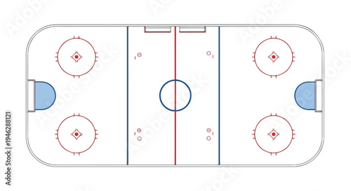 Overhead view of a hockey rink with red markings and blue lines on a white background.