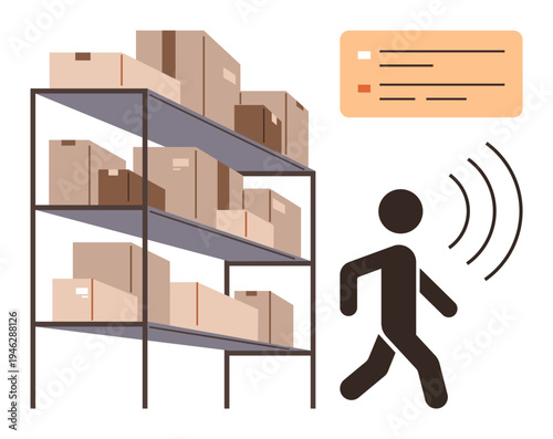 Logistics, inventory management, stock tracking, supply chain, warehouse automation, retail storage. Shelves with boxes and a walking figure emitting waves. Inventory and tracking concepts