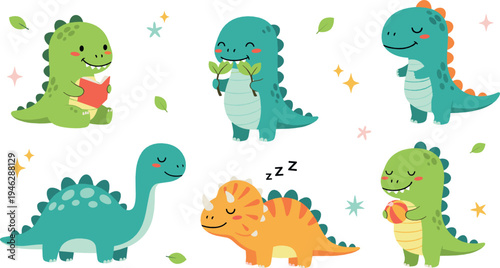 Cute cartoon dinosaur characters collection with friendly baby dinos eating plants and sleeping colorful prehistoric vector illustration set