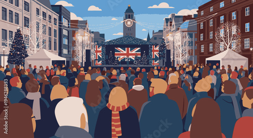 Illustration of a crowd gathered in a city square with a stage and British flags, surrounded by buildings and a clock tower under a blue sky with white clouds.