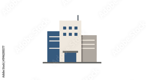 Flat design of a modern office building complex with blue and gray accents on a white background.
