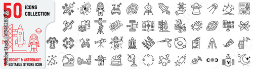 Space Exploration Outline Icons Set – Rocket, Astronaut, Satellite, Telescope, Planet and Astronomy Line Vector Collection
