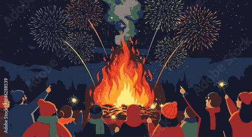 Illustration of a group of people gathered around a large bonfire at night, launching fireworks into the dark sky with a festive and joyful mood.