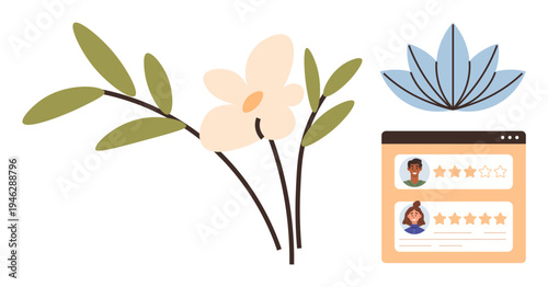Nature, customer satisfaction, product feedback, user experience, online rating, design interface. Soft botanical elements paired with a digital user review system. Nature and customer satisfaction