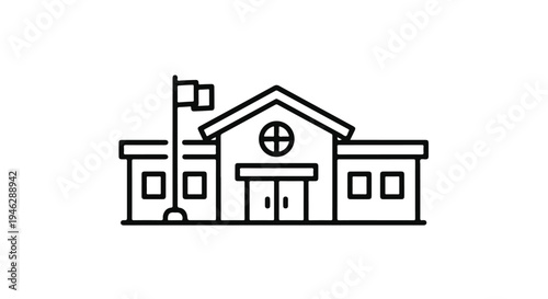 Line drawing of a school building with a flagpole against a white background.
