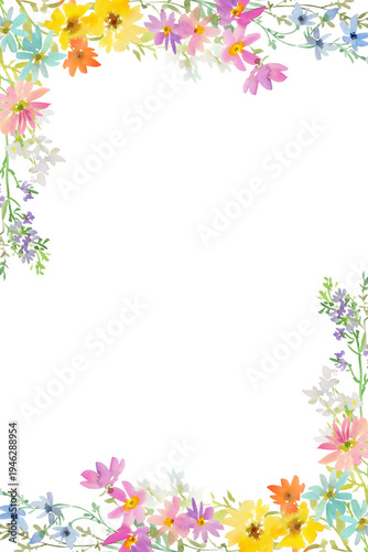 Watercolor floral background with abstract hand painted colorful wild flowers for wedding invitation, social media and greeting card. Botanical PNG frame.