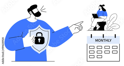 Security concept. Visualizing security measures with a lock shield as a man points towards a monthly schedule and a person working on a laptop. Highlights security, productivity, and planning. Great