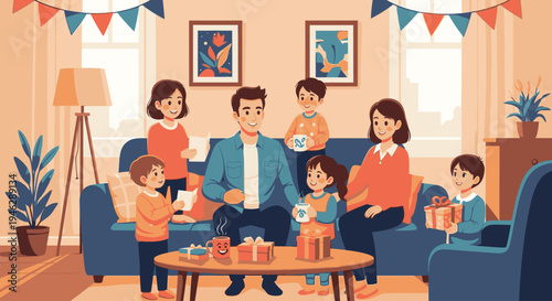 A cartoon family with children sitting on a couch and armchair in a living room with a coffee table and colorful decorations.