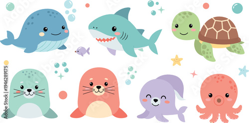 Cute cartoon sea animals collection with whale shark turtle seal octopus and fish adorable ocean wildlife vector illustration set