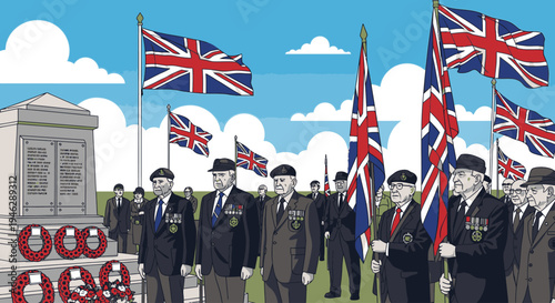 Illustration of British veterans standing at attention with Union Jack flags and wreaths at a memorial on a sunny day.
