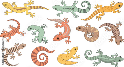 Cute Gecko Lizard Character Set with Crawling and Climbing Poses, Colorful Patterns and Tropical Reptile Cartoon Vector Illustration Collection for Nature Designs.