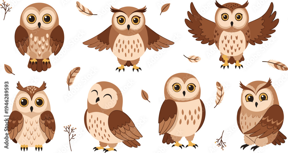 Fototapeta premium Cute Owl Character Set with Flying, Standing and Perching Poses Featuring Feathers and Woodland Elements Cartoon Bird Vector Illustration Collection for Kids Designs.