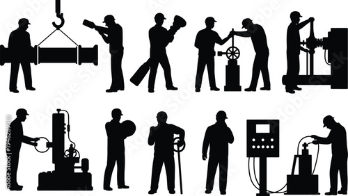 Silhouette industrial workers operating heavy machinery and pipeline equipment, engineers welding, lifting and controlling valves, factory maintenance vector illustration icons set