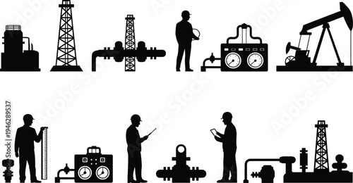 Silhouette oil and gas industry equipment icons set, drilling rig, refinery plant, pipeline valves, pumpjack machines and engineers, energy production vector illustrationSilho