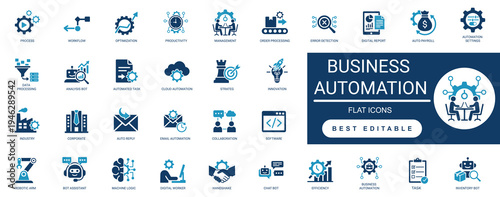 business automation solid icon set. efficiency, workflow, rpa, optimization, productivity, software, strategy, integration, cloud. editable vector