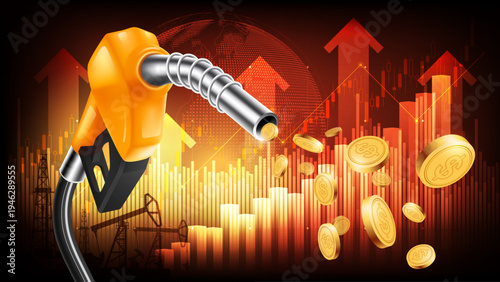Fuel nozzle dispensing gold coins with rising oil price graph in background. Concept of high gas prices, oil shock and inflation, vector illustration