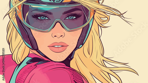 A woman with long blonde hair wearing ski goggles and gear looks back at the camera while smiling in a snowy area.