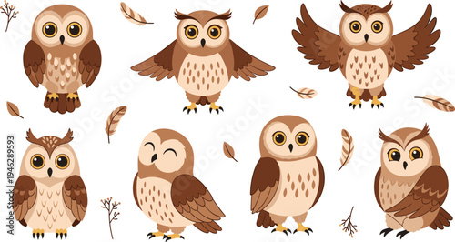 Cute Owl Character Set with Flying, Standing and Perching Poses Featuring Feathers and Woodland Elements Cartoon Bird Vector Illustration Collection for Kids Designs.