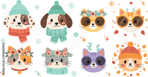 Cute cat and dog faces with winter hats, scarves and autumn accessories, adorable kawaii pet characters seasonal cartoon illustration set