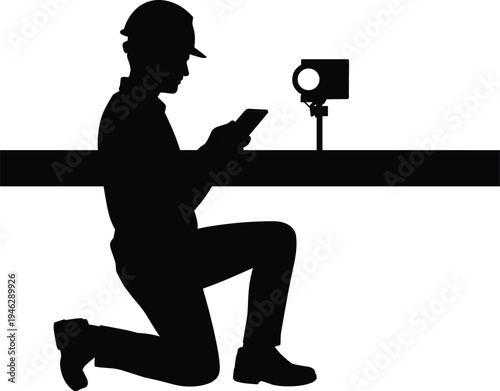 Silhouette videographer kneeling with smartphone beside studio light on desk, professional filmmaker filming setup, video production workspace concept, vector illustration