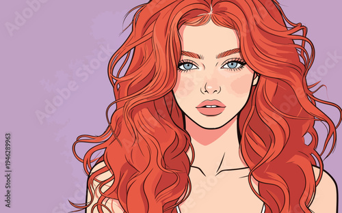 A woman with bright red wavy hair looks at the viewer with a neutral expression. The background is a soft pastel color.