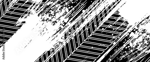 Grunge tire track, wheel braking marks. Truck, car or motorcycle tread pattern silhouette. Auto race, motorsport, speed racing design element. Vector illustration