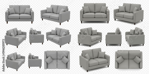Gray Sofa Set: Multiple Views of a Modern Two-Seater Couch with Pillows on White Background.