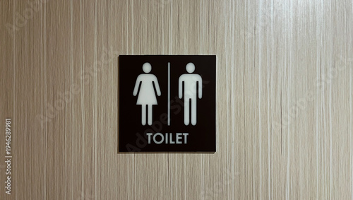 Fotografie side view of unisex restroom sign on wooden wall or door