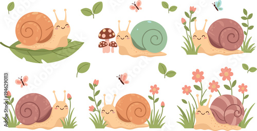Cute cartoon snails in garden with flowers leaves mushrooms and butterflies adorable nature animal vector illustration set