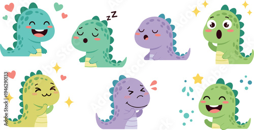 Cute dinosaur cartoon characters with different emotions, adorable kawaii baby dino mascots expressing happiness, sleep and surprise illustration set