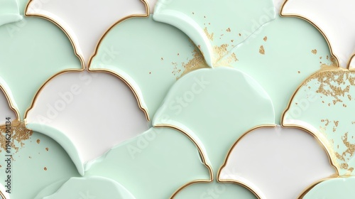 Abstract pastel ceramic tile pattern with golden accents decorative background