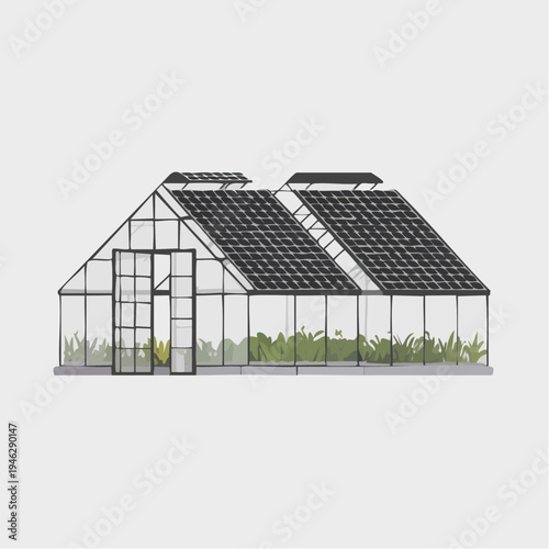 Sustainable solar powered greenhouse with green plants inside