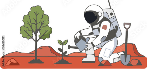 Vector illustration of an astronaut watering a small plant on the surface of Mars, symbolizing space agriculture, sustainability, and future colonization. 
