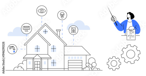 Central house surrounded by icons for smart home devices. Woman presenting with document. Gears in the background. Ideal for technology, automation, safety, efficiency, IoT, innovation and user