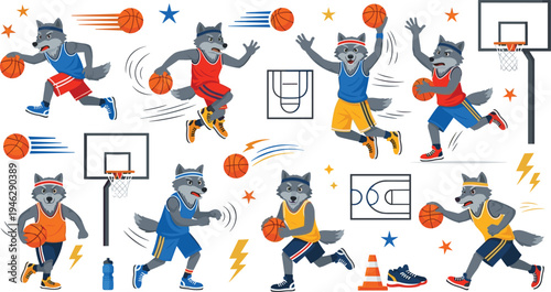 Basketball Wolf Player Character Set with Dribbling, Jump Shot, Dunk and Court Elements Cartoon Sports Mascot Vector Illustration Collection for Team and Kids Designs.