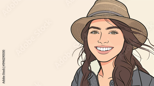 A woman smiles happily while wearing a hat and jacket against a plain background with soft colors.