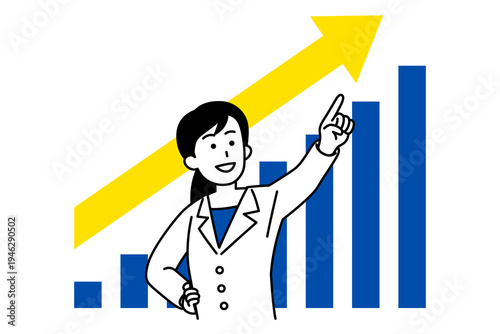 右肩上がりのグラフと遠くを指差す医師の女性