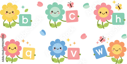 Cute flower alphabet characters with ABC blocks, adorable kawaii floral mascots teaching letters for kids learning and preschool education illustration set